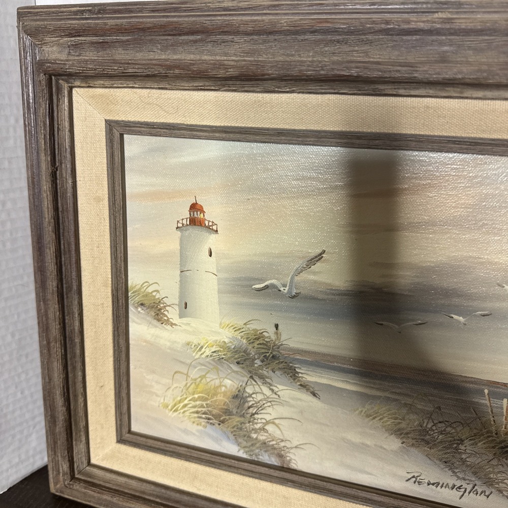 Remington Signed Original Seascape Beach w/Lighthouse Oil Painting Canvas 8X10 - Picture 2 of 14
